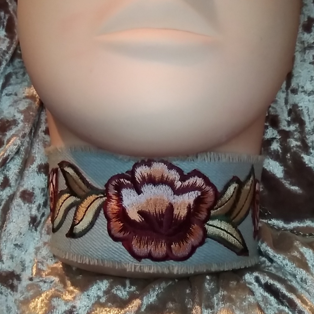 Extra Wide Embroidered Denim Floral Choker
